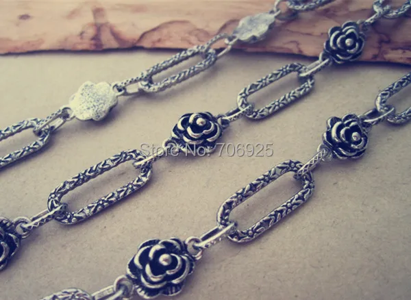 

3.28ft /lot Fancy Antique silver Rose shape Metal Chain Necklace Chain