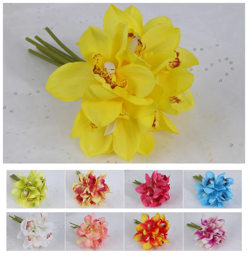 Flone 6 Heads Artificial Cymbidium Flowers Simulation Orchid Bouquet Real Touch Fake Flowers For Wedding Home Party Decoration (17)