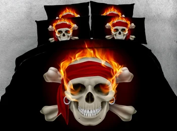 

JF-090 Popular Skull fire Theme Luxury Black fabric skull and flame HD Digital Print 3D duvet cover set