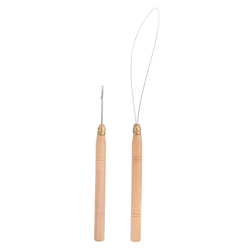 2Pcs/set Hair Extension Hook Needle Threader Micro Ring Beads Wooden