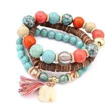 3PCs/Set Bohemian Trendy Brand Design White Colorful Simulated-Jade Oak Wood Beads Elastical Wild Style Bracelets Gifts