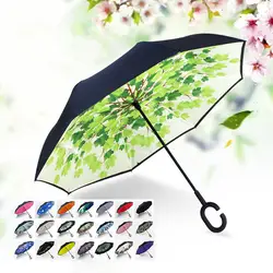 Сильный ветрозащитный обратный складной двойной слой перевернутый зонтик длинный c-ручка дождь автомобиль Зонты много цветов