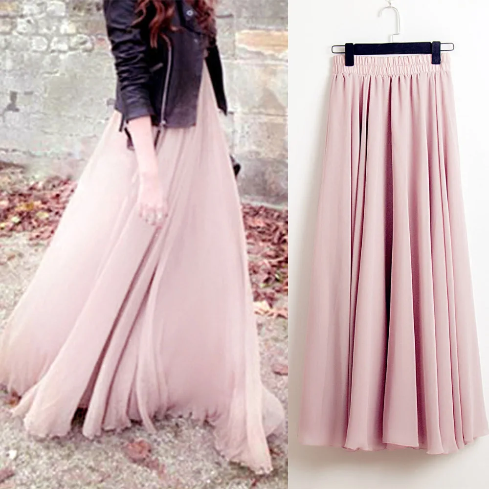 

Summer Bohemia Long Skirts Women Stretch High Waist Solid Chiffon A-Line Skirt Casual Pleated Maxi Skirt Faldas Saias Streetwear