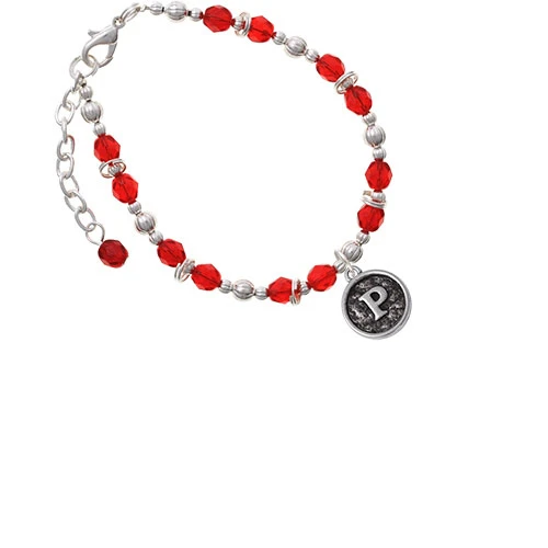 Silvertone Antiqued Round Seal - Initial - P - Red Beaded Bracelet