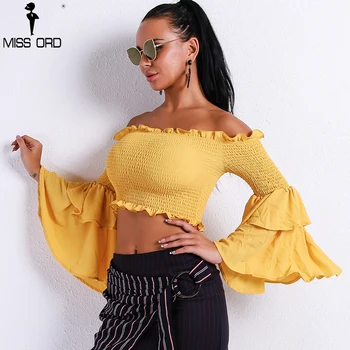 

Missord 2020 Women Sexy Slash Neck Off Shoulder Speaker Sleeve Backless Short Solid Color Top MQ9297