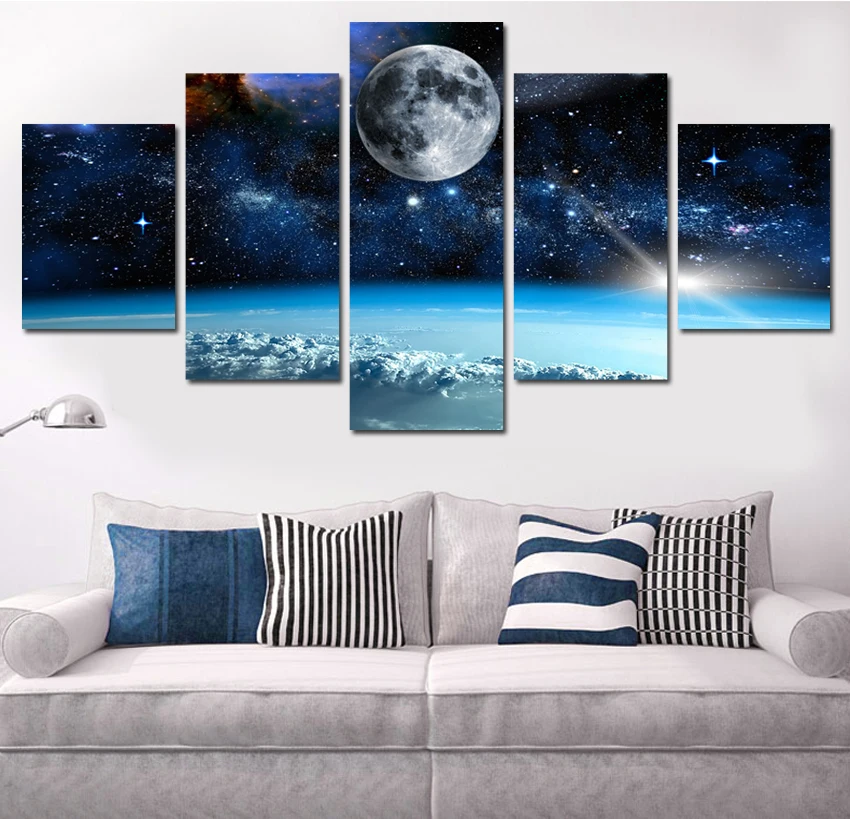 

5 Panel Modern Printed Space Universe Landscape Paintings Canvas Picture Cuadros Earth Painting For Living Room No Frame