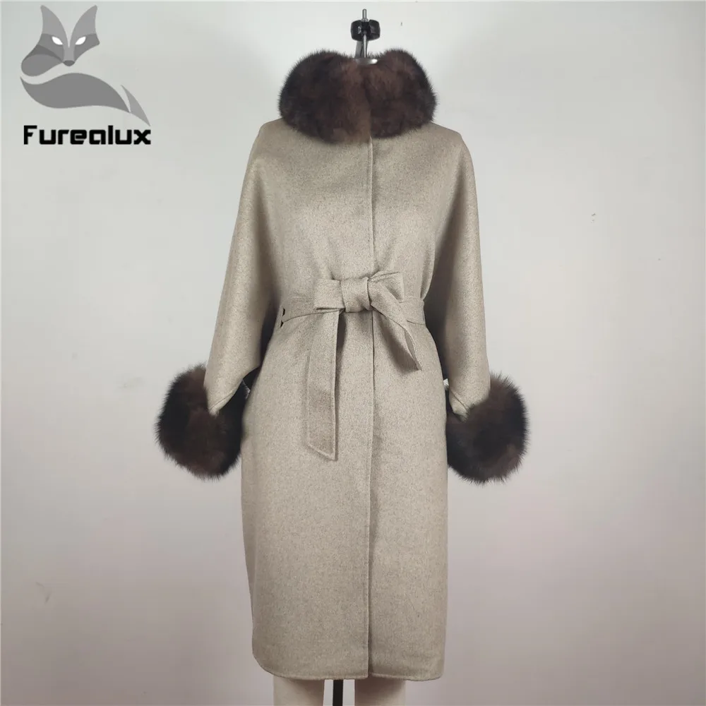 Роскошное пальто из натуральной шерсти с воротником из лисьего меха и рукавами, куртки из лисьего меха с поясом, Большая распродажа для женщин