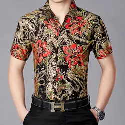 Золотая фольга Bronzing мужские рубашки в цветах 2019 Фирменная Новинка короткий рукав для мужчин s рубашки вечерние свадьбу рубашка мужской Camisa