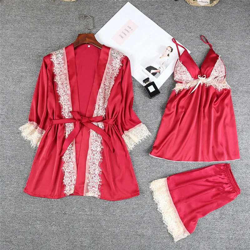 Осенний пижамный комплект из 3 предметов, женская сексуальная пижама, ночное белье для женщин с кружевным ремешком, ночное женское белье, комплект - Цвет: Красный