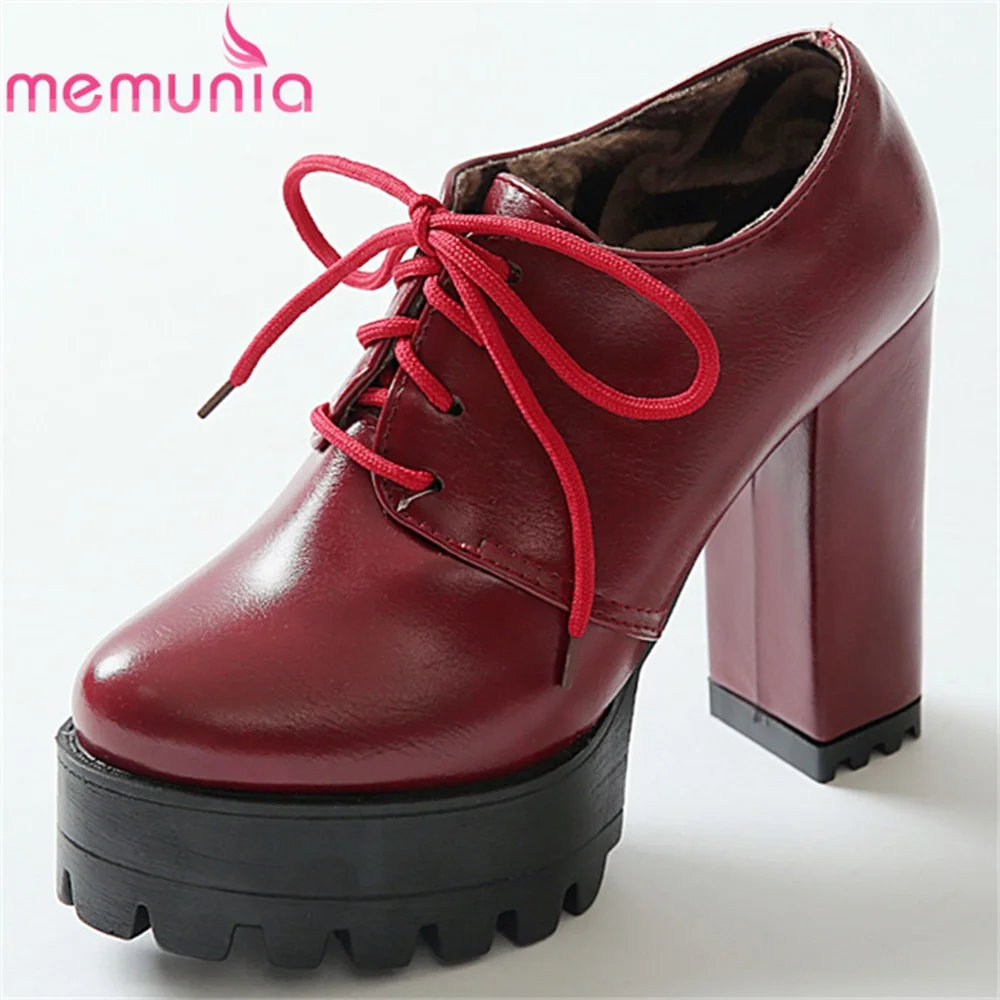 

MEMUNIA lady pumps women shoes spring autumn pu leather leisure round toe casual lace up platform restoring fashion shoes