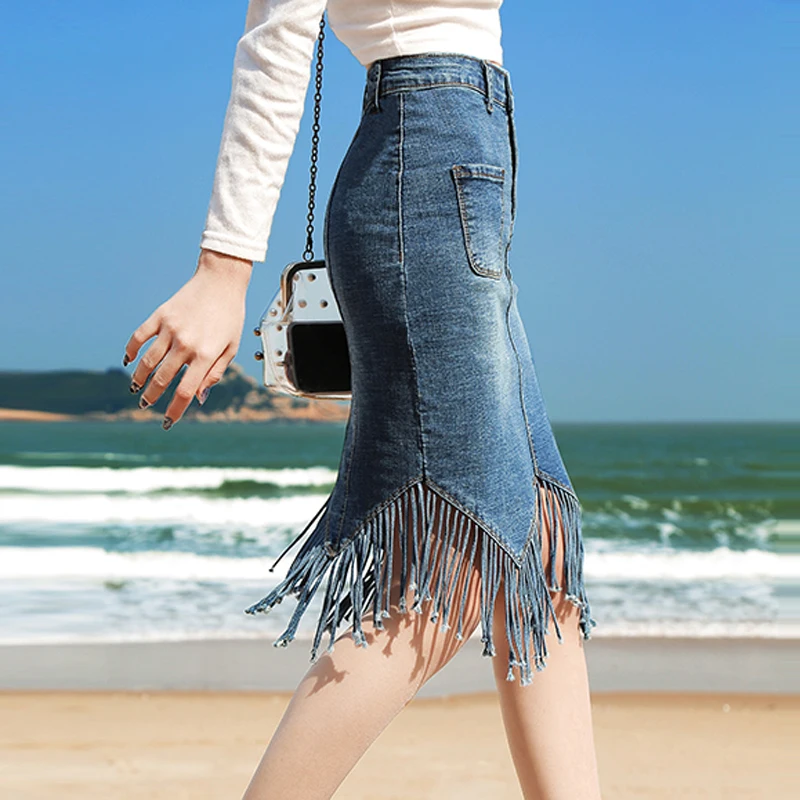 

Pencil Sweet Knee-Length Skirts Women 2019 New Tassel Skirt Streetwear Fashion Elastic Skinny Jean Skirt Sexy Sweet Student