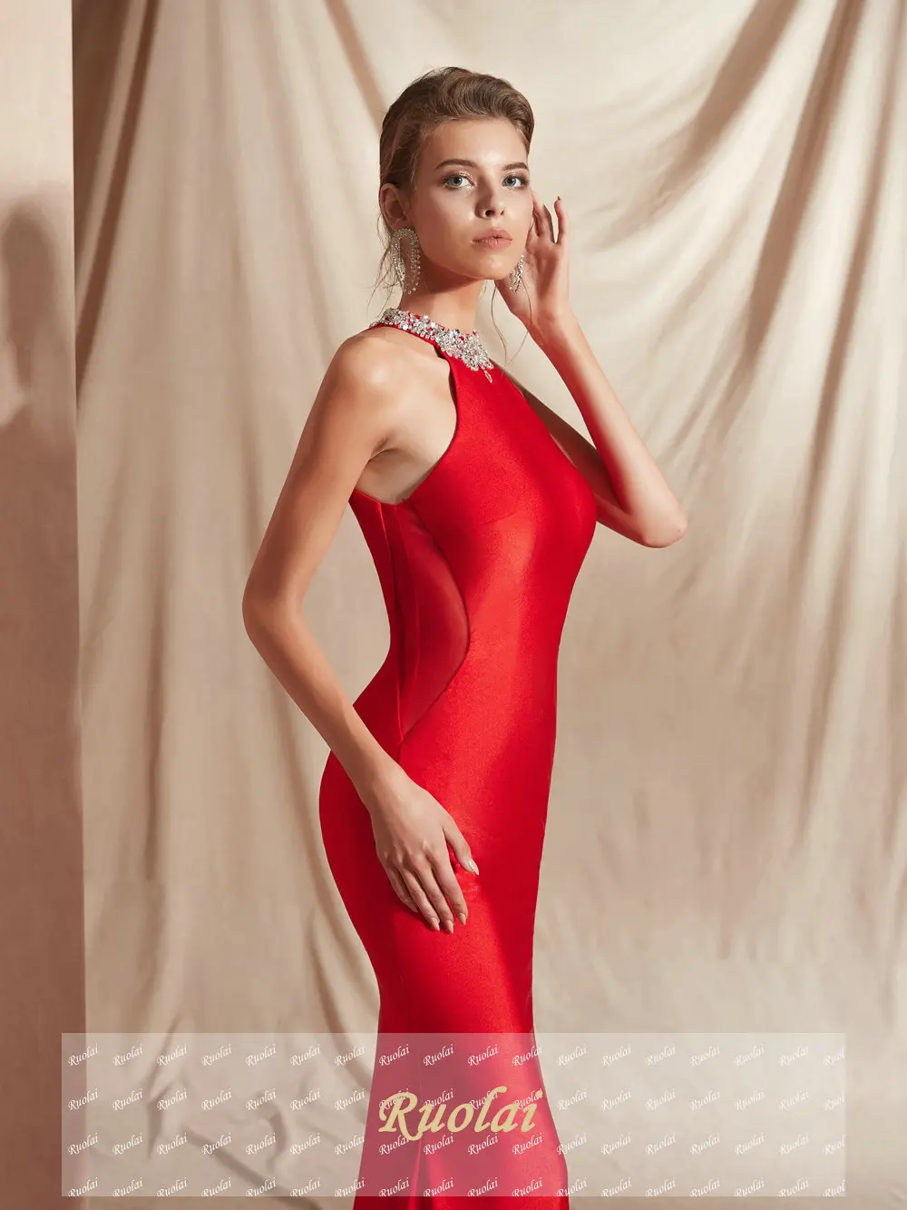 Elegant Mermaid Evening Dresses Long 2019 Halter Crystal Sleeveless Red Evening Gowns For Women Evening Dress Prom Dresses Elegant Mermaid Evening Dresses Long 2019 Halter Crystal Sleeveless Red Evening Gowns For Women Evening Dress Prom Dresses