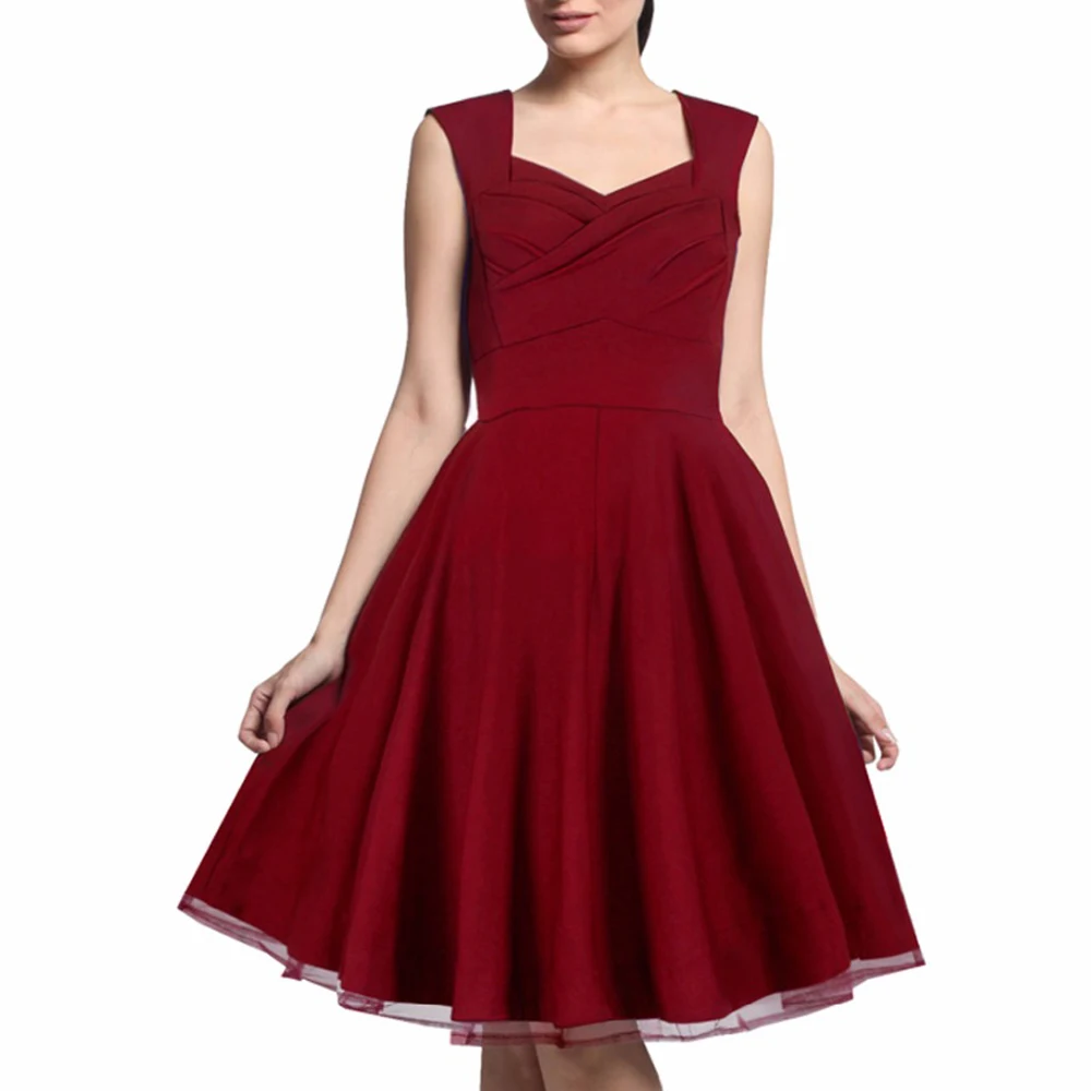 

Womens Vintage Tank Swing Ball Gown Pleated Dress Elegant Sleeveless Frill Flared Summer Formal Lady Dress EA003