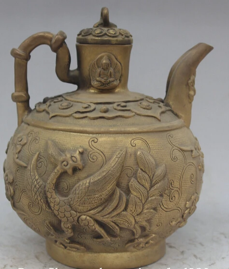 

dr61 6" Old Tibet Buddhism Brass phoenix Bird Shakyamuni Buddha Wine Tea Pot Flagon