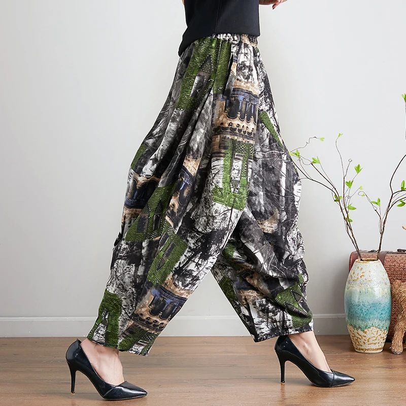 

Women Pants 2019 Summer Casual High Waist Vintage Print Loose Cotton Linen Long Trousers Harem Pants Pantalon Femme