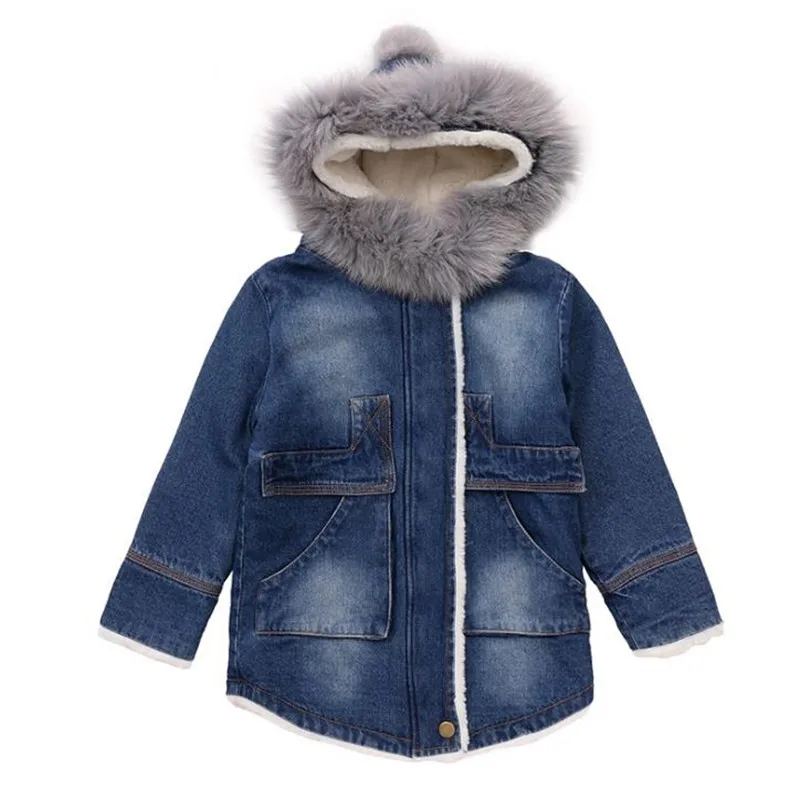 

DFXD Children Girls Winter Clothes Baby Long Sleeve Big Fur Collar Jeans Jacket Coat Thick High Quality Zipper Warm Outwear 2-8Y