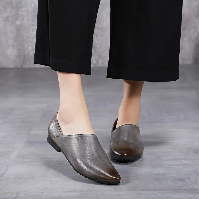 

2019 Handmade Genuine Leather Women Flat Shoes Pointed Toes Slip On Loafers Soft Comfortable Vintage Ladies Flats