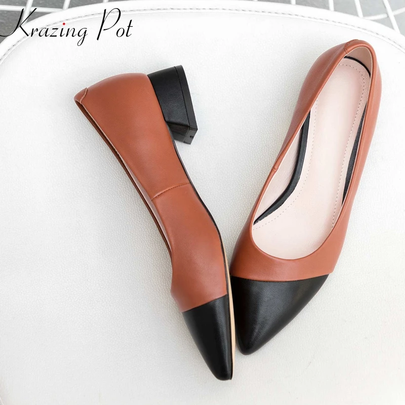

Krazing pot Autumn season full grain leather low heels women pumps pointed toe European mixed color patterns leather shoes L82