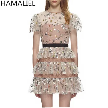 

HAMALIEL Self-Portrait Summer Dress 2018 Runway Mesh Patchwork Embroidery Floral Short Sleeve Lady Ruffles Cake Party Mini Dress