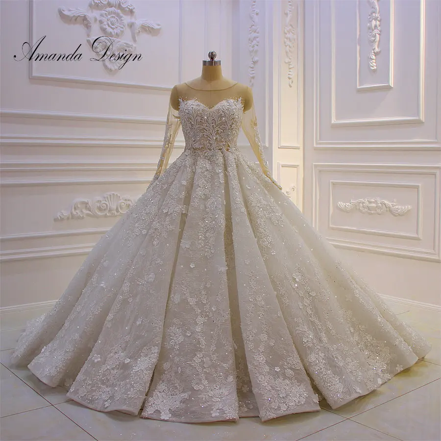 Аманда дизайн халат de mariée 2019 с длинным рукавом кружевные аппликационные Цветы Роскошные Королевское свадебное платье