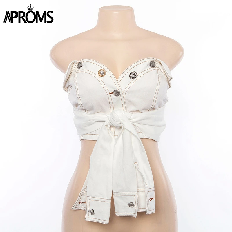 Aproms, винтажный Джинсовый укороченный топ с открытыми плечами для женщин, пуговиц, уличная одежда, бюстье, Топики, крутая Одежда для девочек, топы на бретелях, футболки