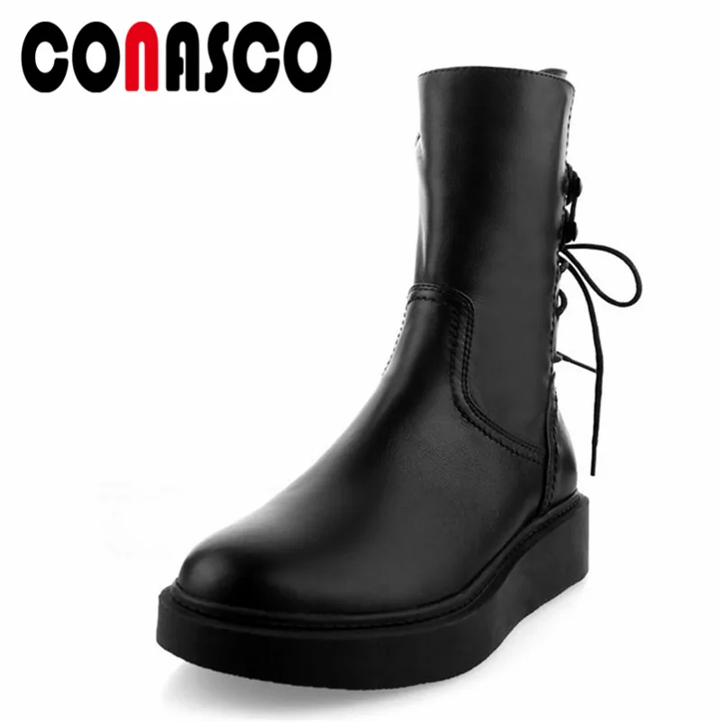 

CONASCO Women Mid-calf Boots Women Flats Platforms Lace Up Soft Leather Motorcycle Boots Ladies Warm High Martin Shoes Woman