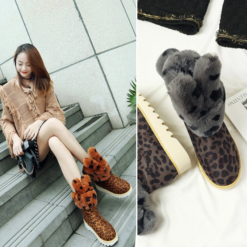 

Fur Women Snow Boots Sweet Cute Style Rabbit Girls Shoes Winter Ankle Boots Warm Cartoon Shoes Suede Casual Shoe Leopard Fashion