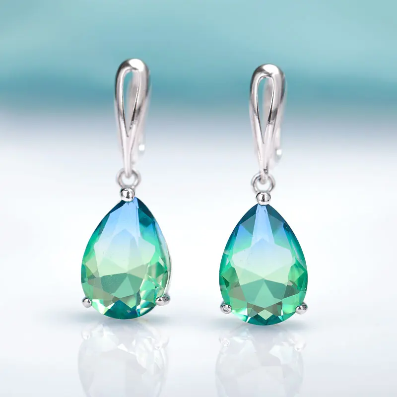 MAIKALE New Water Drop Gradient Blue Long Earrings Women Fashion Rose Gold Fine Jewelry Tourmaline Zircon Glass Dangle Earrings