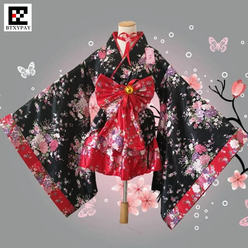 Женские комплекты кимоно в стиле Лолиты, имитация шелка, вишневый цвет, косплей, аниме костюм горничной из мультфильма, платье принцессы в стиле Лолиты на Хэллоуин для девочек