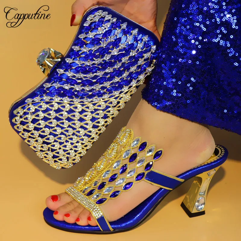 

Capputine High Quality Rhinestone Royal Blue Color Woman Shoes Bag Set For Wedding Summer Style Pumps 8CM Shoes And Bag Set