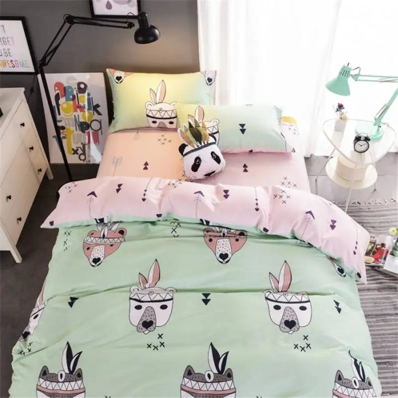 Animal Bedding Set Dog Printed Kids Bedspread Green and Pink Duvet