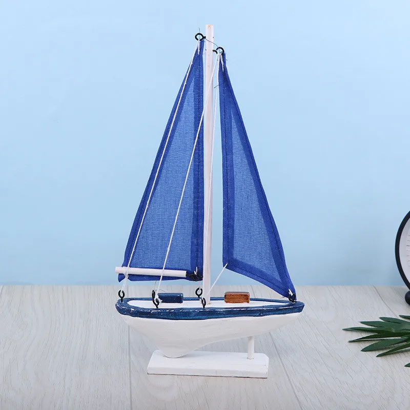 Mediterranean style sailboat model SML size classic blue sailing boat Handmade solid wood to create sailing ornaments