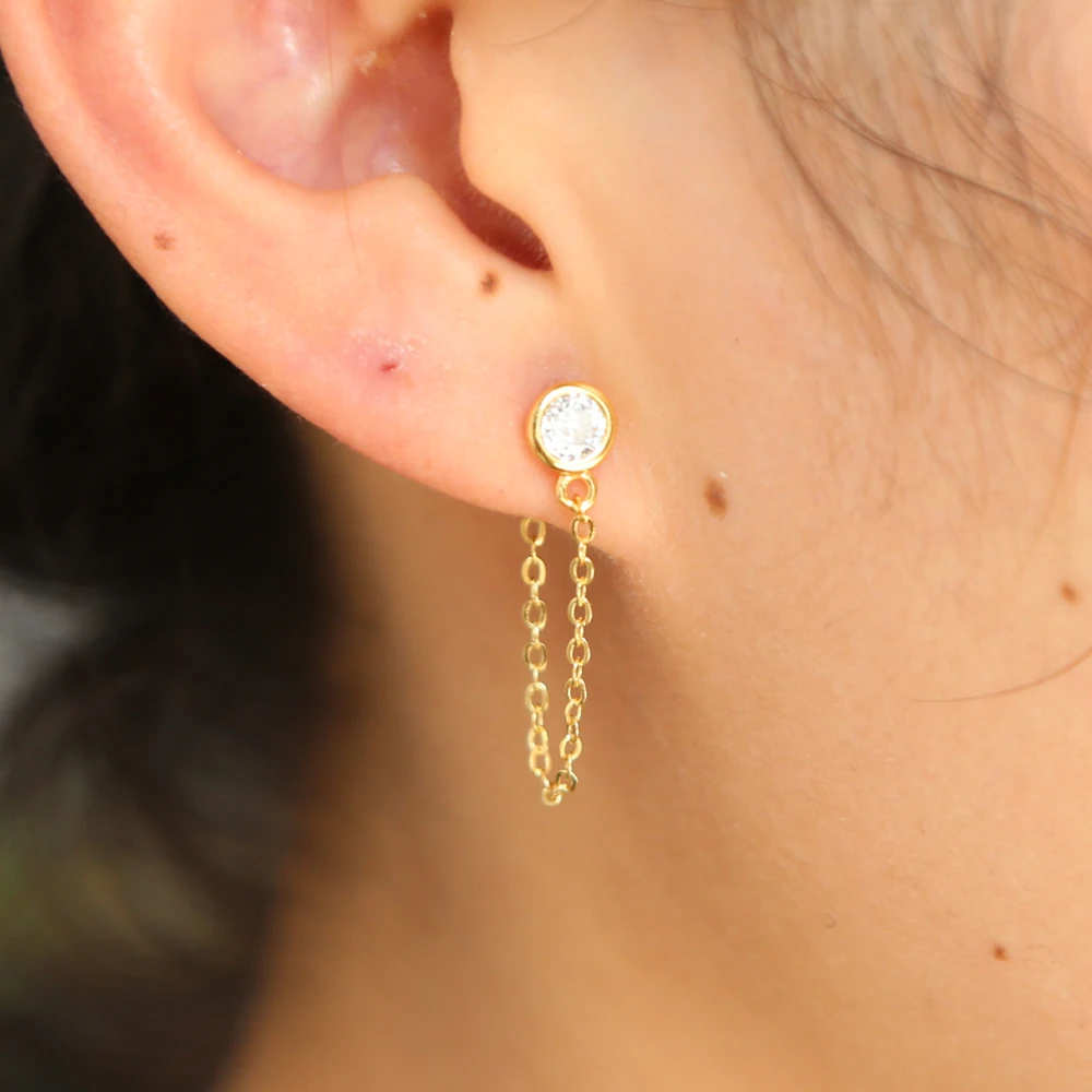 

2018 new arrive top quality tiny tassel earring for girls simple round cz minimal double link chain 100% 925 silver delicate ear