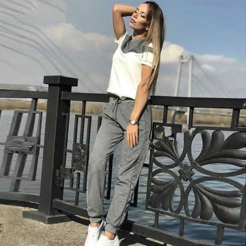 

ToLugui Women's tracksuits spring short sleeve cotton pullover Sweatshirt two Piece set fashion Stitching Sporting suit female