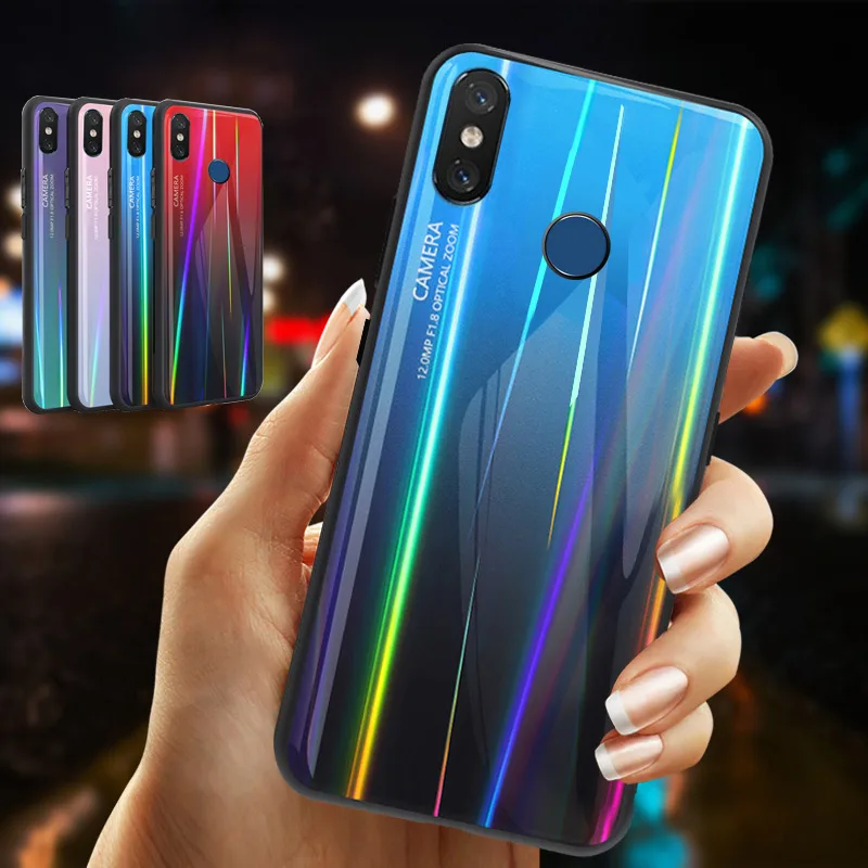 Gradient Aurora Flame Tempered Glass Case For Xiao Mi Redmi Note 7 Laser Colorful Cover 8 9 Shockproof |