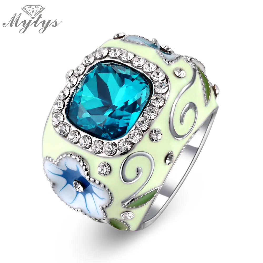 Mytys Fashion anillos ring women Crystal Amazing Enamel Blue cooktail