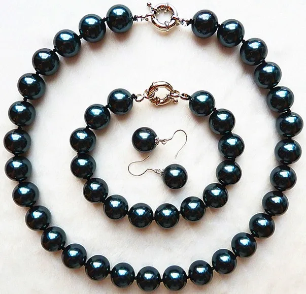 

NEW 12mm Huge Black South Sea Shell Pearl Set round bead Necklace Bracelet Earring Bead women Jewelry set 925 silver clasp