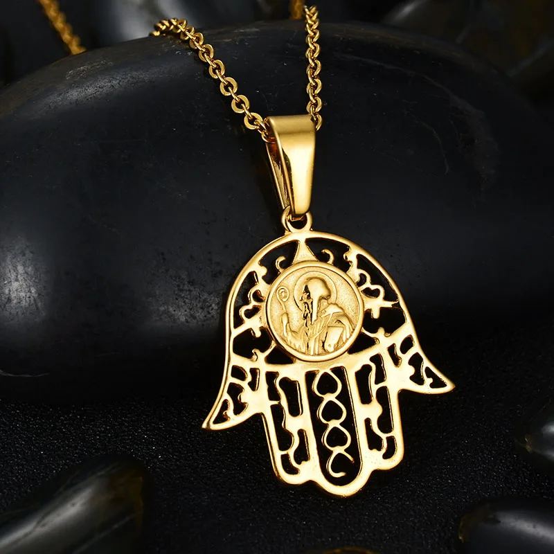 

Trendy Stainless Steel Hamsa Hand Pendant Necklace Never Fade Gold Color Hand of Fatima Necklaces Bff Bridesmaid Gift