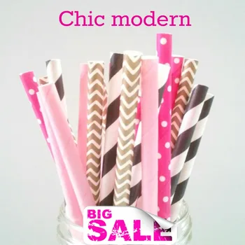 

100pcs Mix Colors CHIC MODERN Drinking Paper Straws,Plain Light Pink,Gold Chevron,Deeep Pink with White Swiss Dot,Black Chevron
