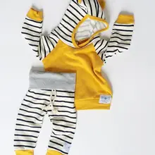 Для новорожденных детей начинающих ходить для мальчиков девочек наряды одежда футболки топы с капюшоном в полоску+ брюки повседневная одежда комплекты для мальчиков и девочек