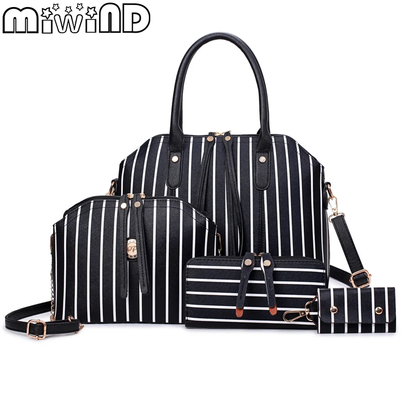 

Women's Handbags Female Shoulder Bag PU Leather Zipper Personality Rivet Striped Large Capacity Four Sets Bags MIWIND 2018 N