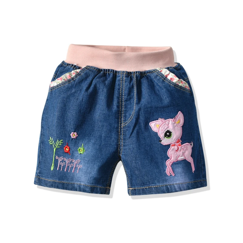 Летние Шорты для девочек короткие джинсы с рисунком оленя для малышей милые джинсовые Короткие повседневные джинсы с карманами штаны