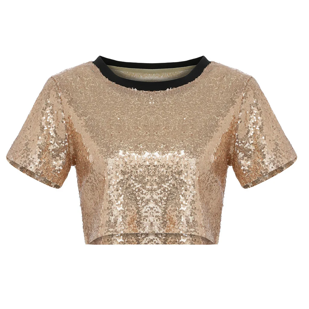 

Sequin Preppy T-Shirt Tee Summer Sheer Weekend Casual Top Tee Basic Women Clothing Short Harajuku Korean Show Tops