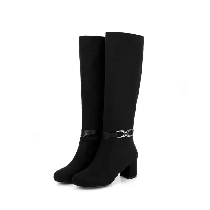 ANNYMOLI/зимние сапоги с металлическим блочным каблуком; женские осенние сапоги до колена на высоком каблуке; новые женские высокие ботинки синего цвета; большие размеры 3-10,5 - Цвет: Черный