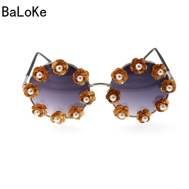 

New Arrival Baroque Sunglasses Black Frame Metal Flowers Round SunGlass Woman Party/Summer Beach Outdoor Casual Decoration