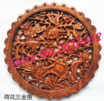 

#007 CHINESE HAND CARVED FLOWER FISH STATUE CAMPHOR WOOD PLATE WALL SCULPTURE Wood carving handicraft family wall decoration