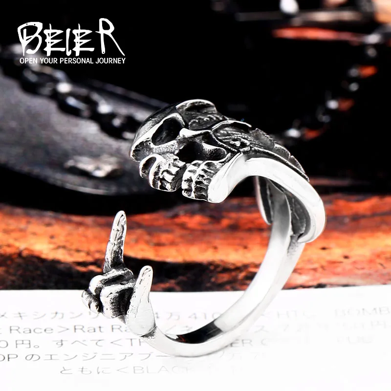

Beier new store 316L Stainless Steel Music Guitar Skull Men's Ring Hip Hop Rock Punk Fashion Adjustable Ring LLBR8-589R