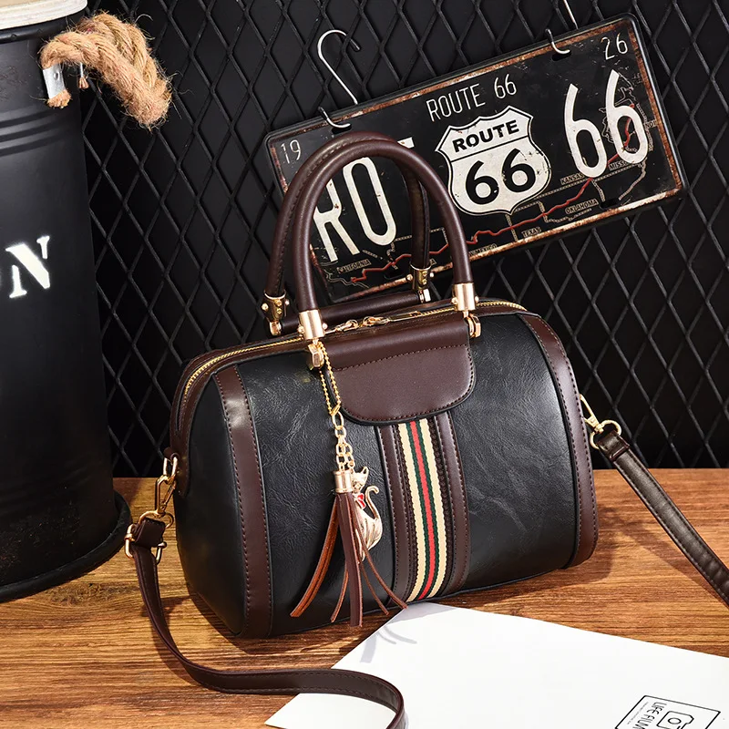 

2019 Women High quality PU leather handbags luxury female vintage Boston stripe crossbody tote bag bolsa ladies shoulder bags