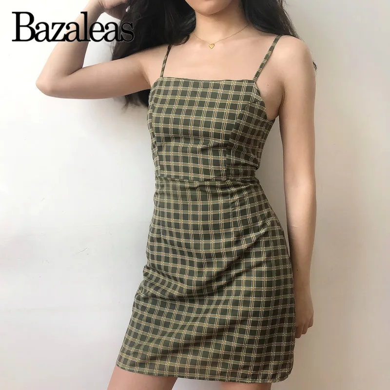 

Bazaleas Fashion Tartan Green Mini women dresses Sexy Sleeveless Summer Dress Punk Slim vestidos Casual drop shipping