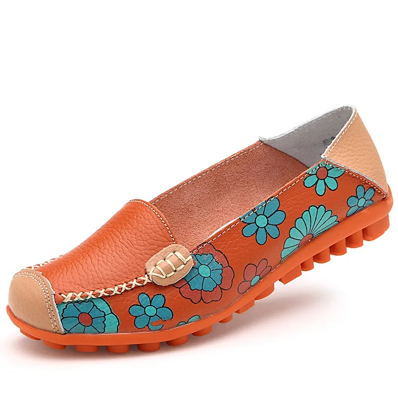 Women Flat Shoes Fashion Ballet Summer Flower Print Women Shoes Genuine Leather Loafers Ladies Shoes Woman Soft Footwear 42 - Цвет: Orange 3591